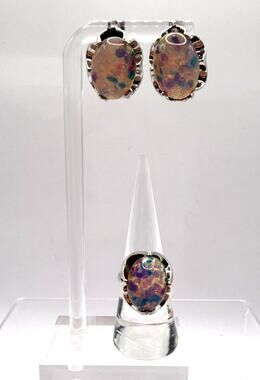 Vintage Sterling & Mexican Opal/Dragons Breath Cabochon Ring & Earring Set